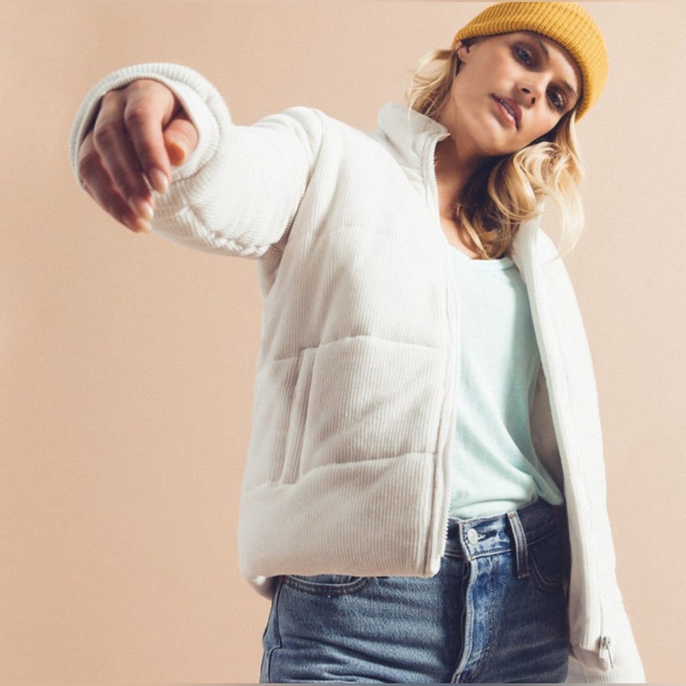 Z Supply Cozy Fall Corduroy Puffer Jacket in Champagne Mist Sz L‎ Grunge Revival